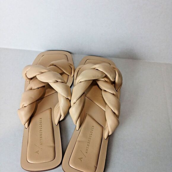 Anthropologie Twisted Puffed Slides Sandles Tan Square Toe Leather SZ 6M - Picture 2 of 7